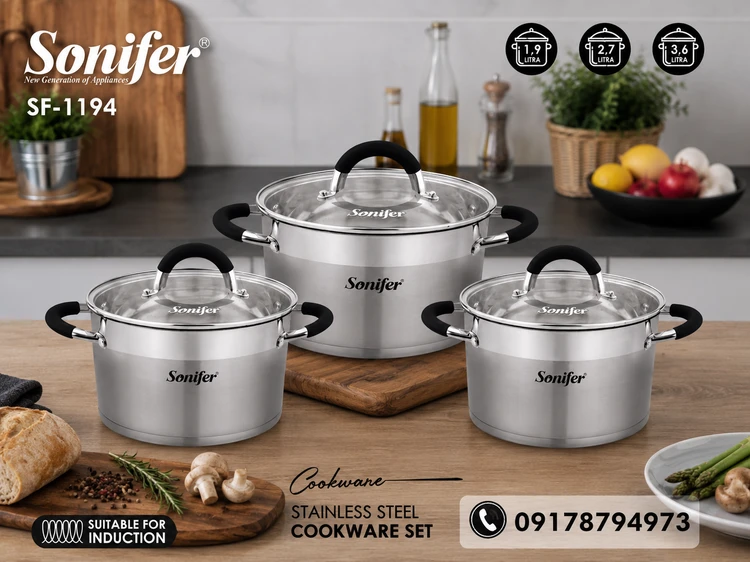 سرویس قابلمه استیل ۶ پارچه سونیفر مدل SF-1194 با درب شیشه‌ای