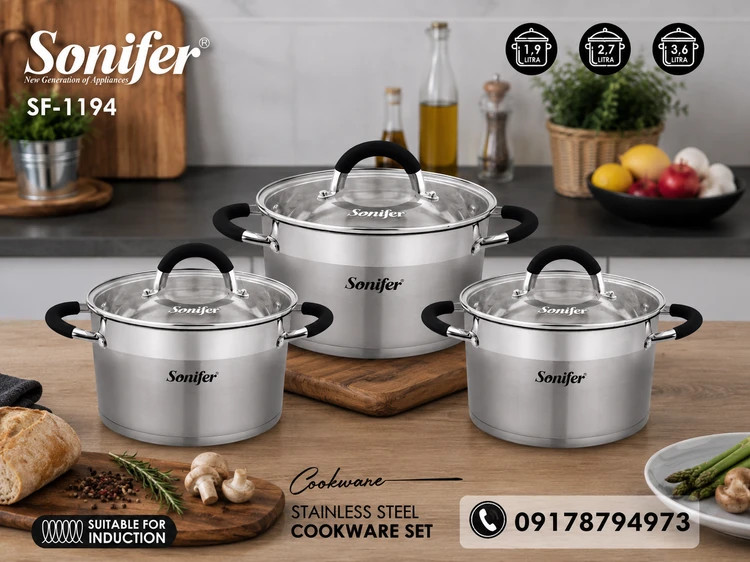 سرویس قابلمه استیل ۶ پارچه سونیفر مدل SF-1194 با درب شیشهای